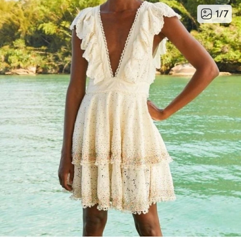 Farm Rio Eyelet Beaded  Cream Ruffle Dress